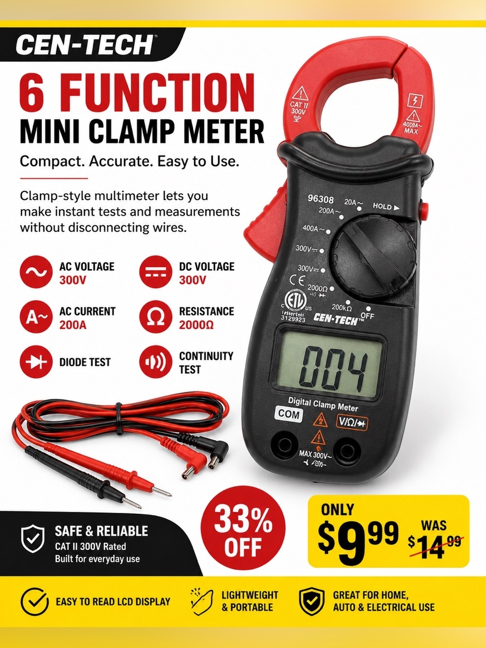 CEN-TECH 6-Function Mini Clamp Meter - Black & Red